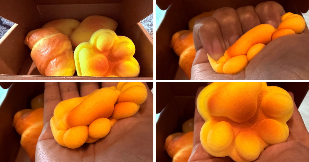 Grid of a hand holding bakery-style bread and croissant sensory squishy toys, opened from a shipping box.