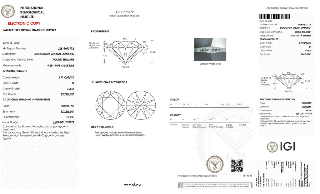 Round Brilliant Cut Lab-Grown Diamond – 3.71 ct, D Color, VVS2 Clarity – IGI Certified