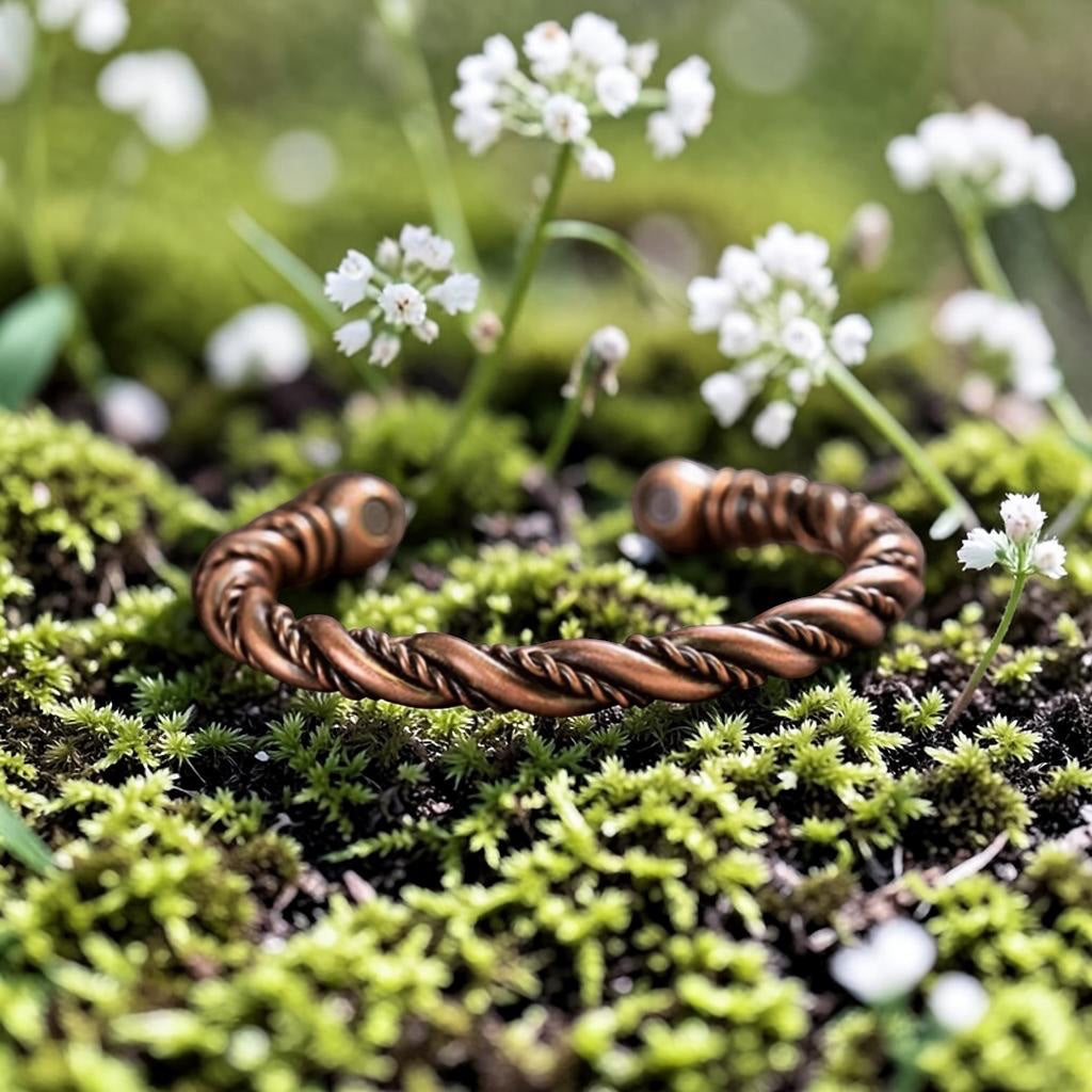 Brown braided bracelet on a bed of green moss and small white flowers