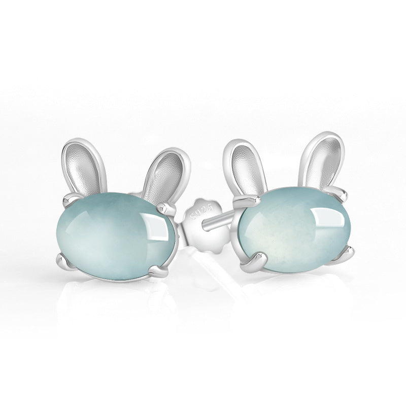 Natural Blue Water Jadeite "Lunar Rabbit" Stud Earrings
