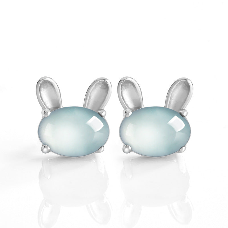 Natural Blue Water Jadeite "Lunar Rabbit" Stud Earrings