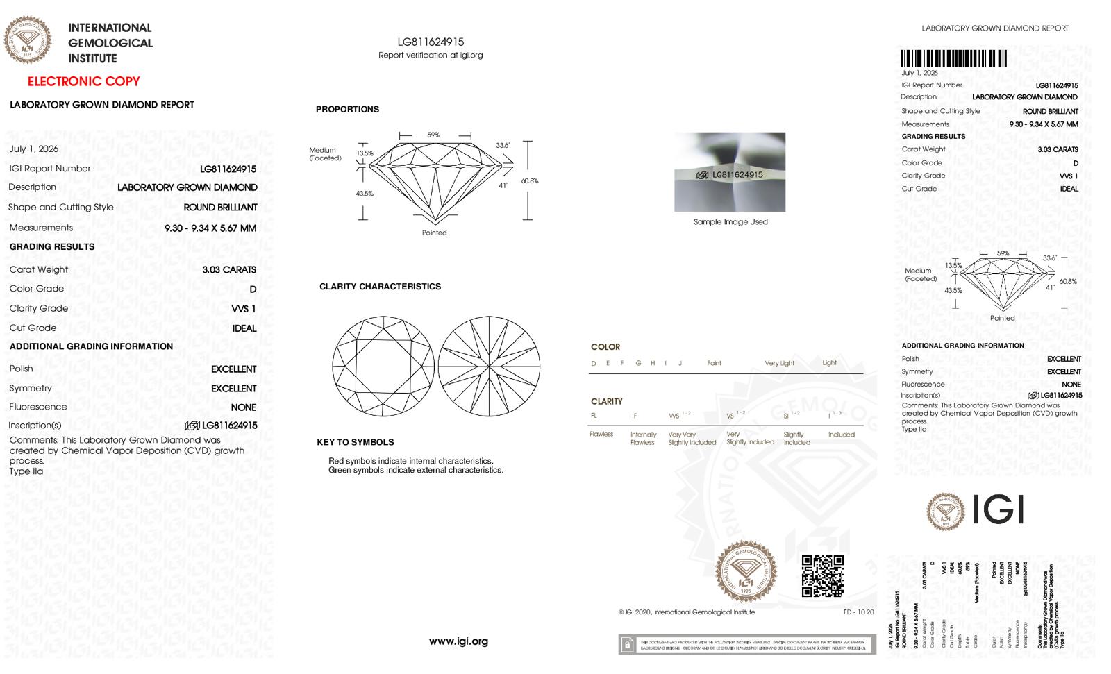 Round Brilliant Cut Lab-Grown Diamond – 3.0 ct, D Color, VVS1 Clarity – IGI Certified (Report #811624915)