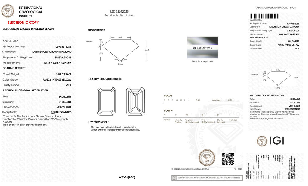 Emerald Cut Lab-Grown Diamond – 3.0 ct, Fancy Intense Yellow, VS1 Clarity – IGI Certified (Report #793612025)