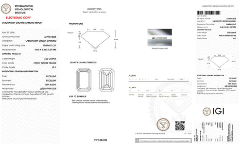 Emerald Cut Lab-Grown Diamond – 3.0 ct, Fancy Intense Yellow, VS1 Clarity – IGI Certified (Report #793612025)
