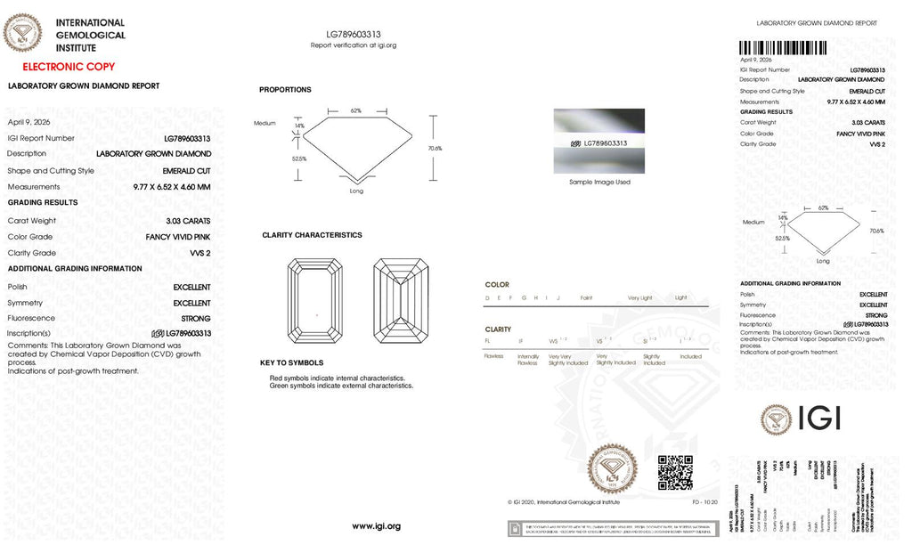 Emerald Cut Lab-Grown Diamond – 3.0 ct, Fancy Vivid Pink, VVS2 Clarity – IGI Certified (Report #789603313)