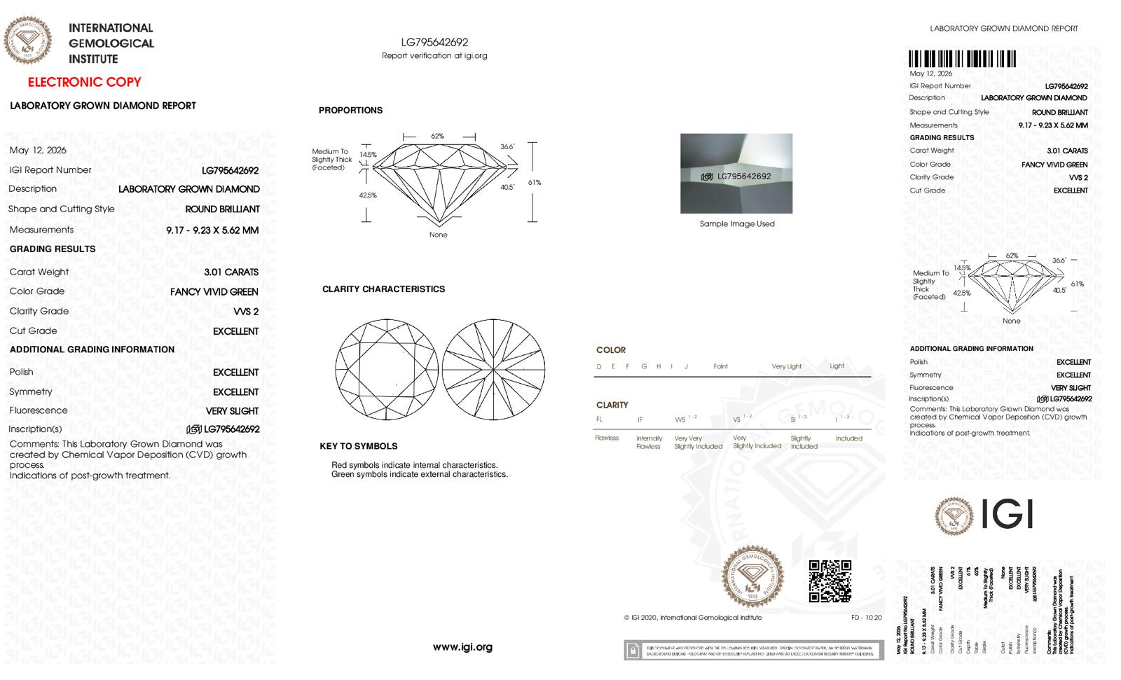 Round Brilliant Cut Lab-Grown Diamond – 3.0 ct, Fancy Vivid Green, VVS2 Clarity – IGI Certified (Report #795642692)