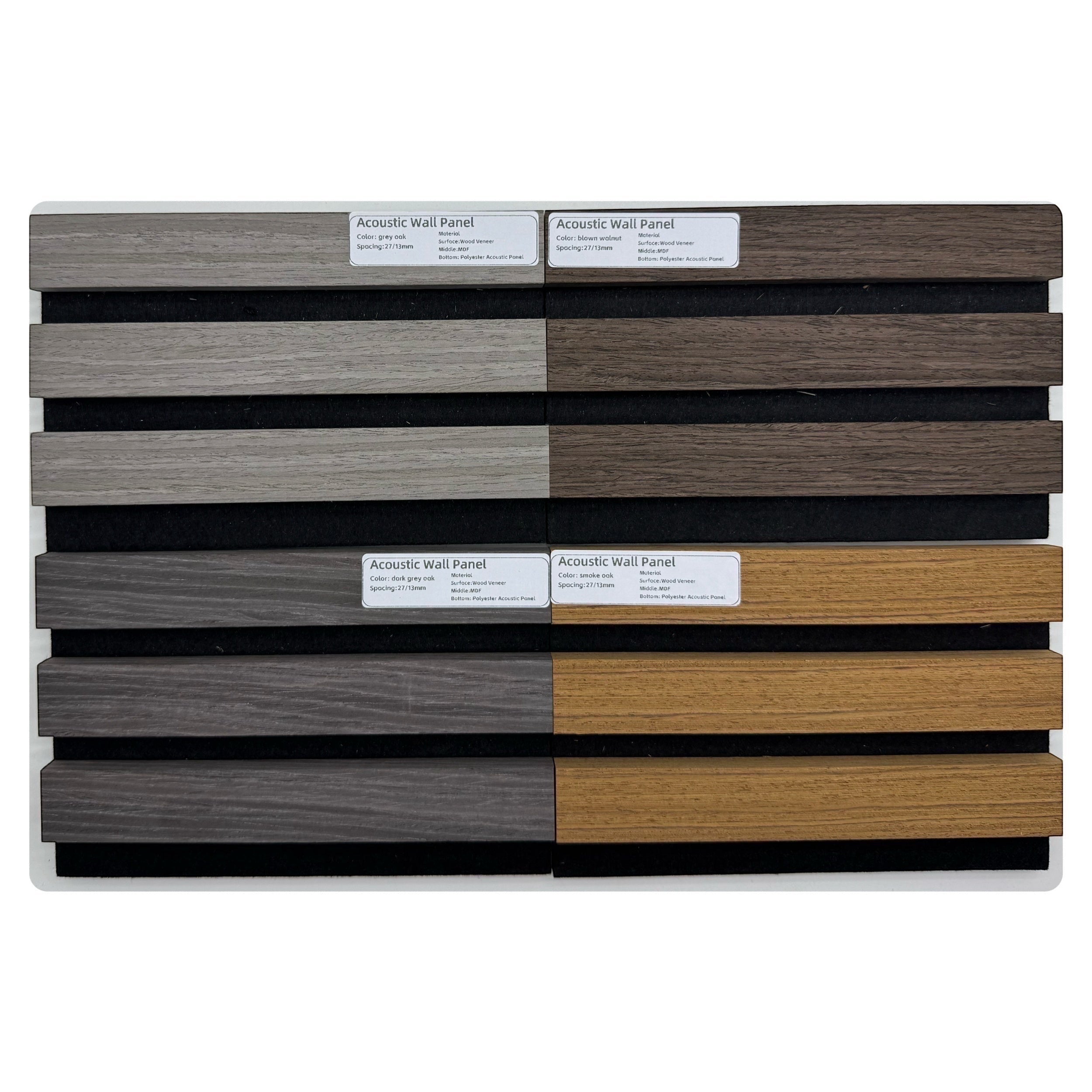 BoxUnboxed acoustic wall panels in grey oak, dark grey oak, blown walnut, and smoke oak finishes with black felt backing.