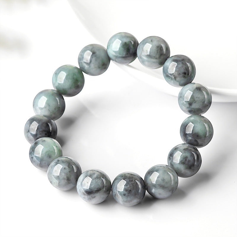 BoxUnboxed natural black jadeite beaded bracelet with 13mm spheres and smoky patterns, unisex style.