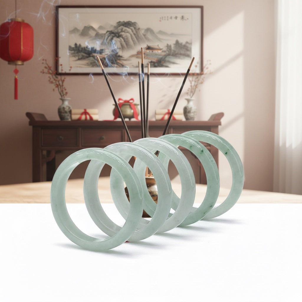 BoxUnboxed Sovereign Imperial Floating Green Jadeite Bangle, a luminous ice-grain white bangle with misty moss-green veins.