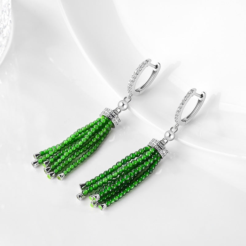 BoxUnboxed natural green jadeite beaded tassel drop earrings with pavé crystal sterling silver huggie hoops.