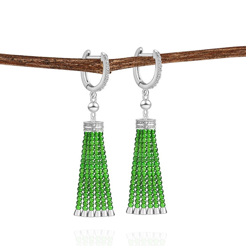 BoxUnboxed natural green jadeite beaded tassel drop earrings with platinum-plated sterling silver and pavé CZ accents.
