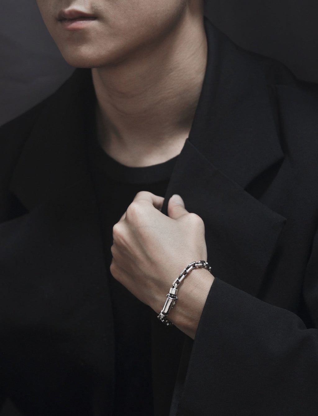 BoxUnboxed Kinetic Box Chain bracelet in solid 925 sterling silver with a heavy-duty utility safety clasp and oxidized industrial accents.