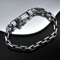BoxUnboxed Kinetic Box Chain bracelet in solid 925 sterling silver with a heavy-duty utility safety clasp and oxidized industrial accents.