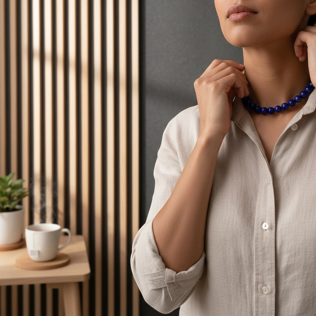 BoxUnboxed natural Afghan Lapis Lazuli beaded necklace in deep royal blue worn by a woman in a beige linen shirt.
