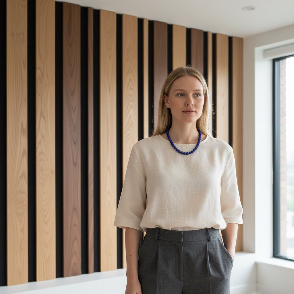 A woman wearing a BoxUnboxed natural Afghan lapis lazuli beaded necklace with a cream top against a wood-paneled wall.