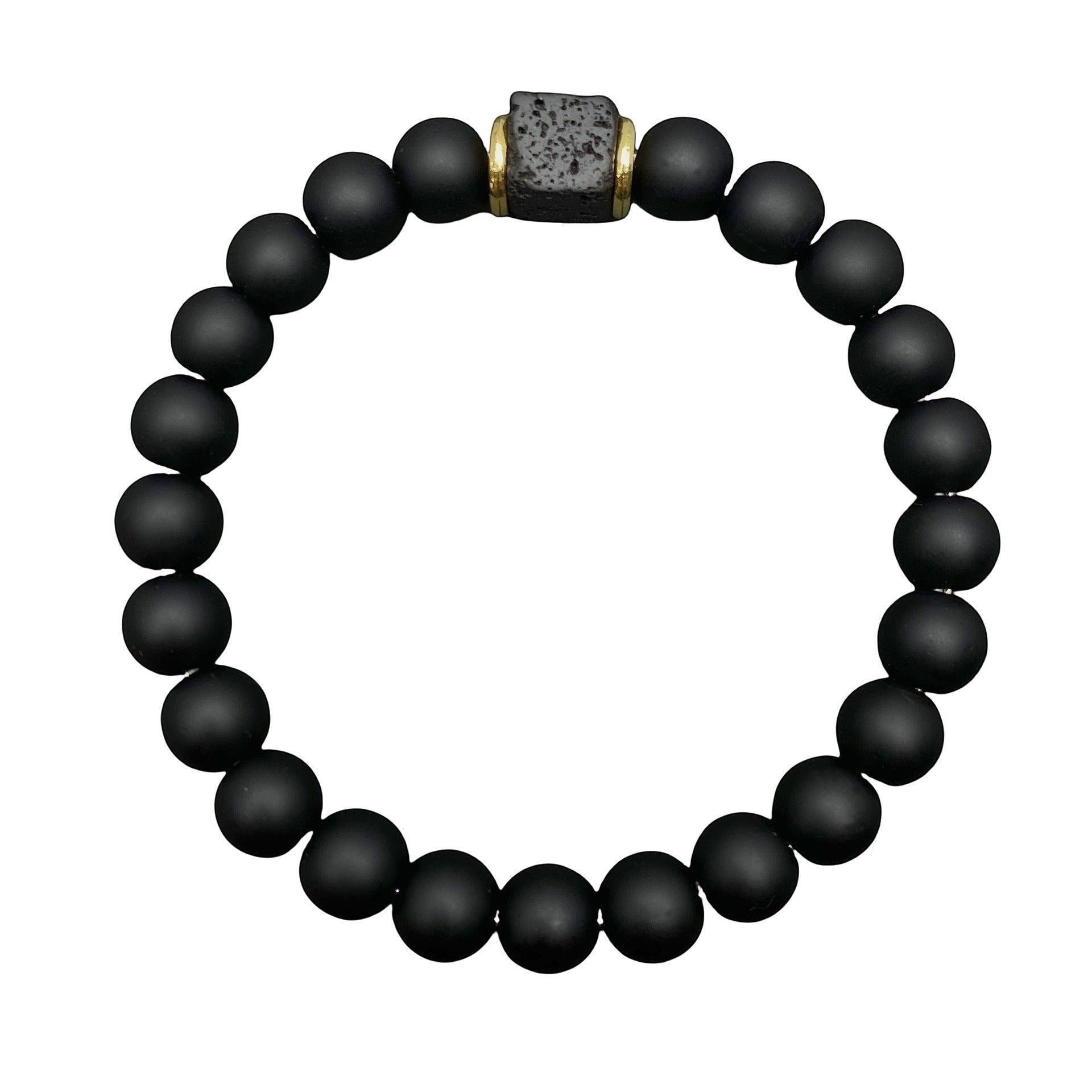 BoxUnboxed Obsidian & Volcanic Stone Stack Bracelet with matte black beads and a central cube accent.