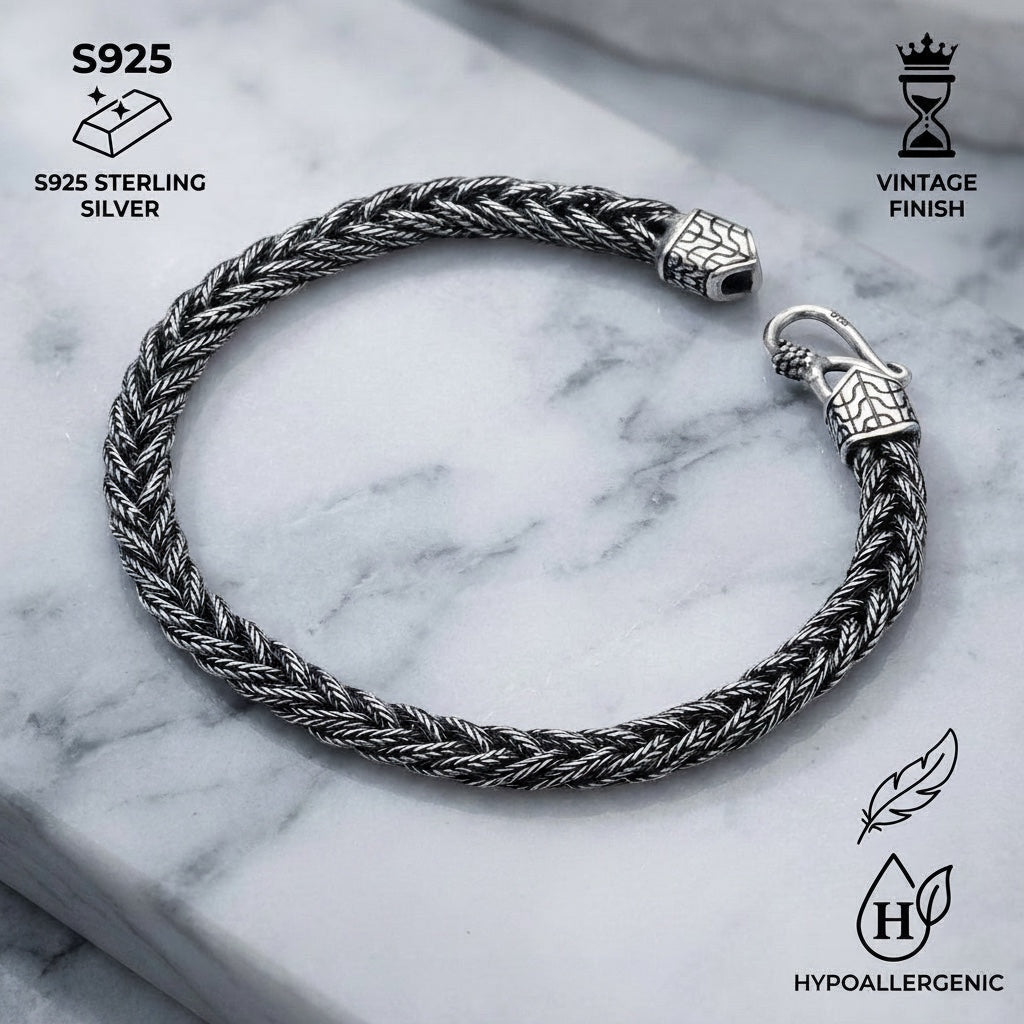 BoxUnboxed solid 925 sterling silver braided link chain bracelet with vintage finish and hook clasp.