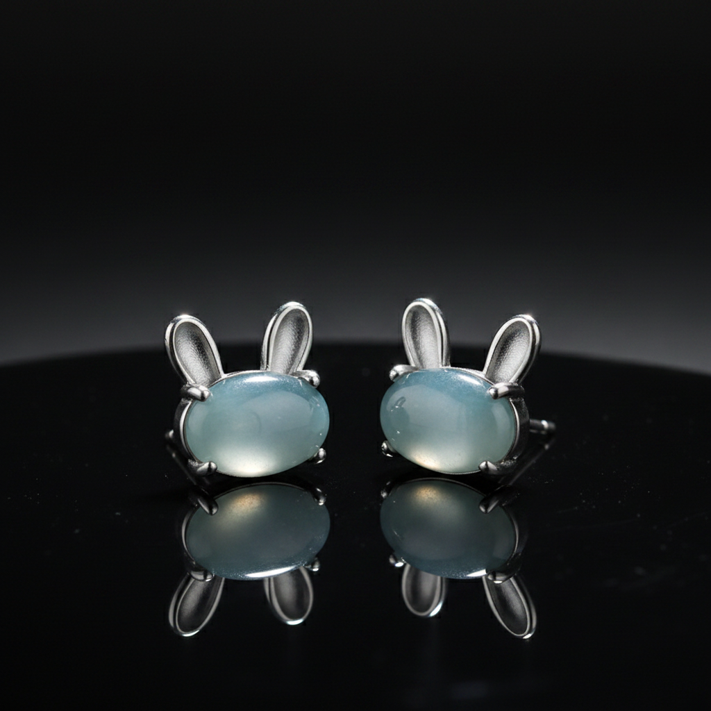 Natural Blue Water Jadeite Lunar Rabbit Stud Earrings